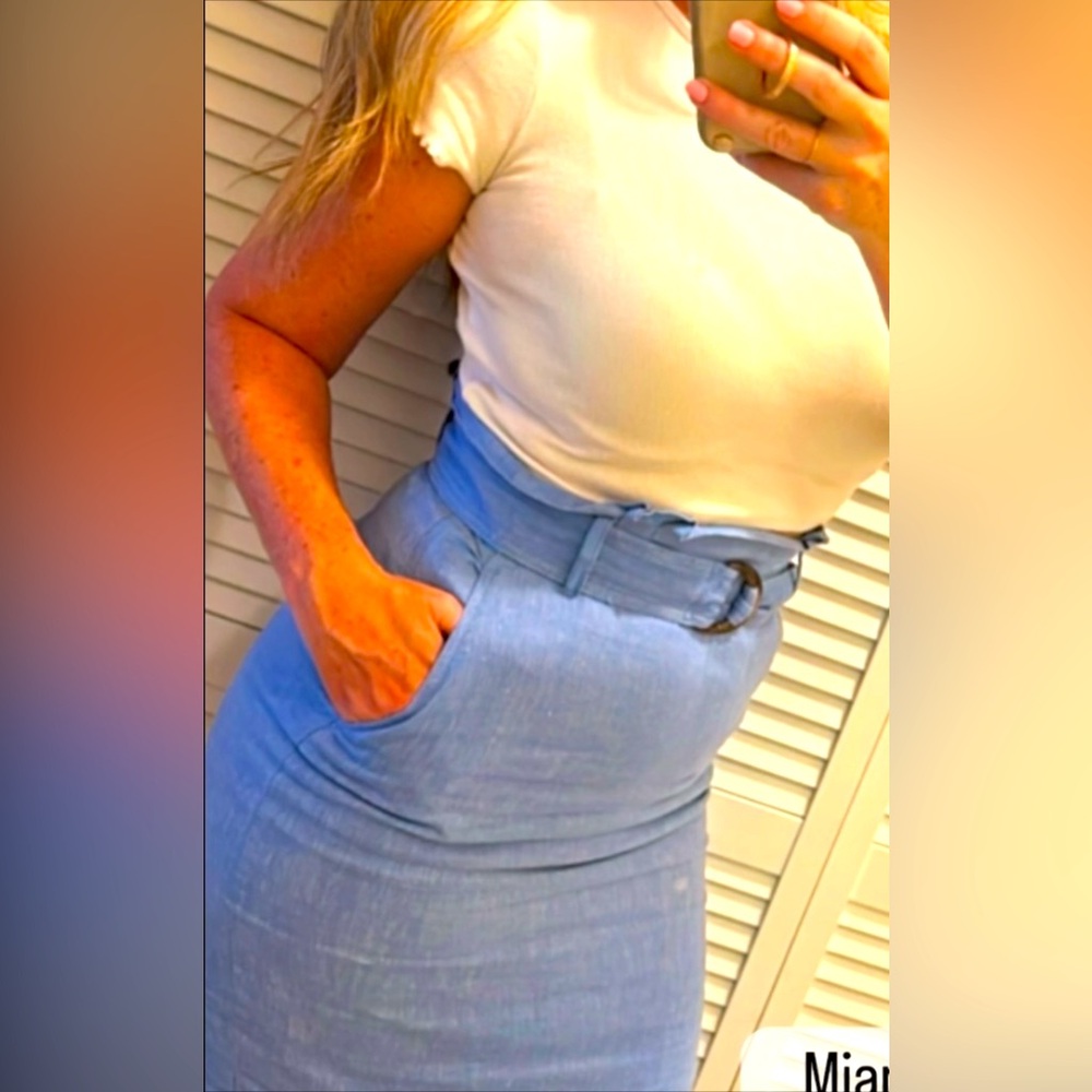 Ann Taylor Pencil - blue linen lined high waisted skirt with belt